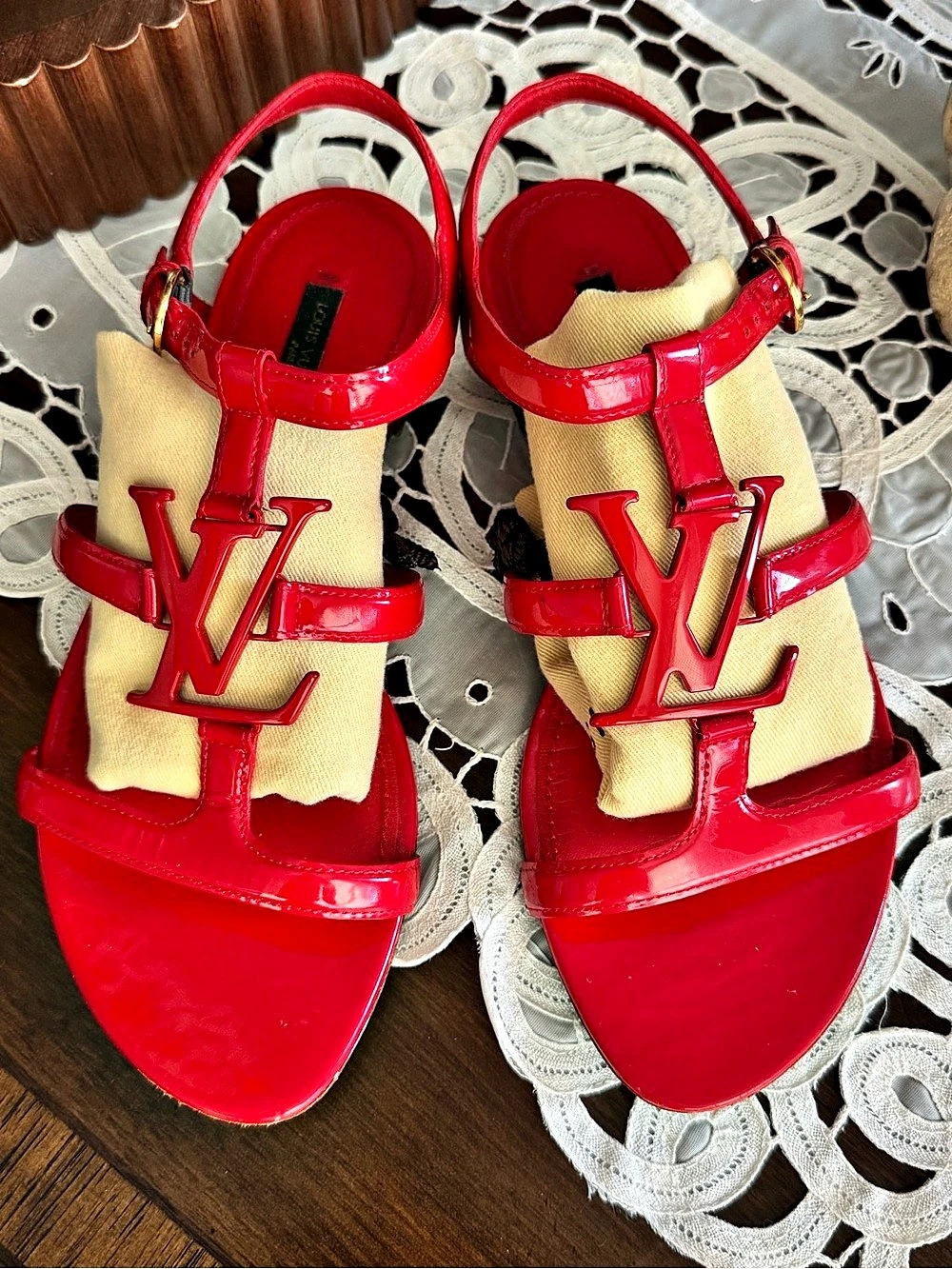 Louis Vuitton Red Patent Logo Sandals EU 371⁄2
